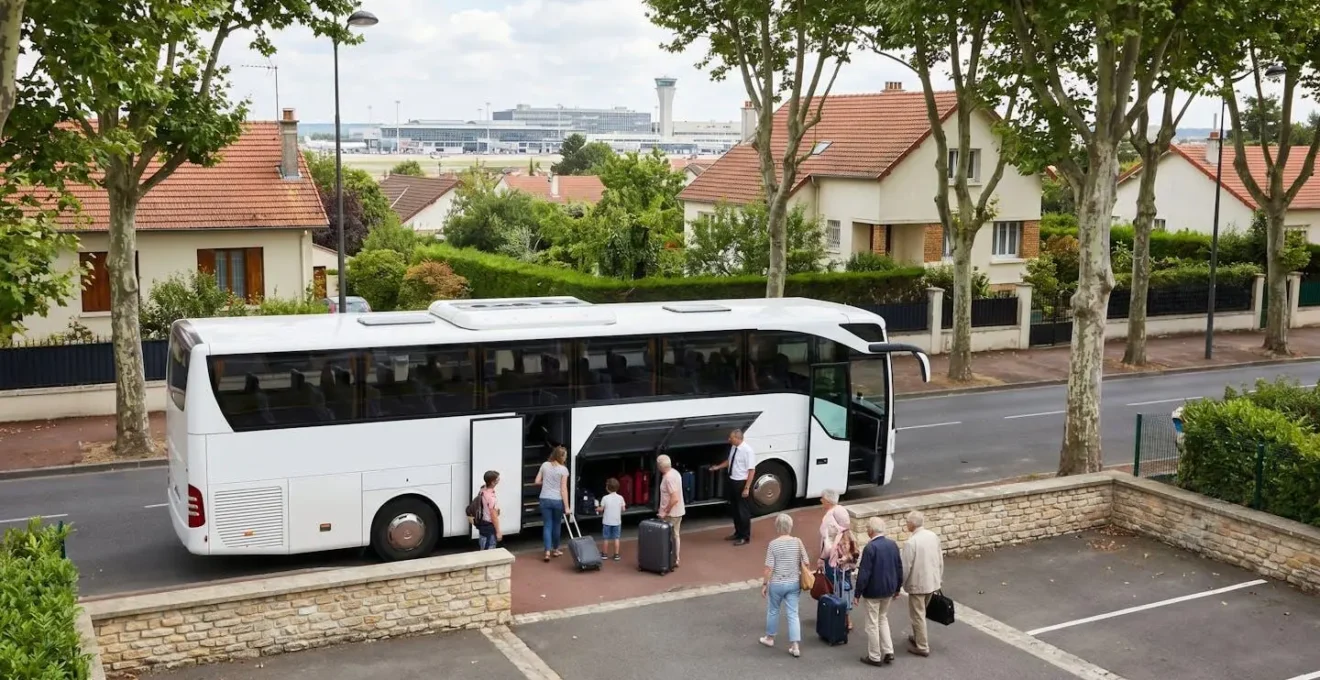 Navette d'un parking privé embarquant des passagers avec bagages près de l'aéroport Roissy CDG