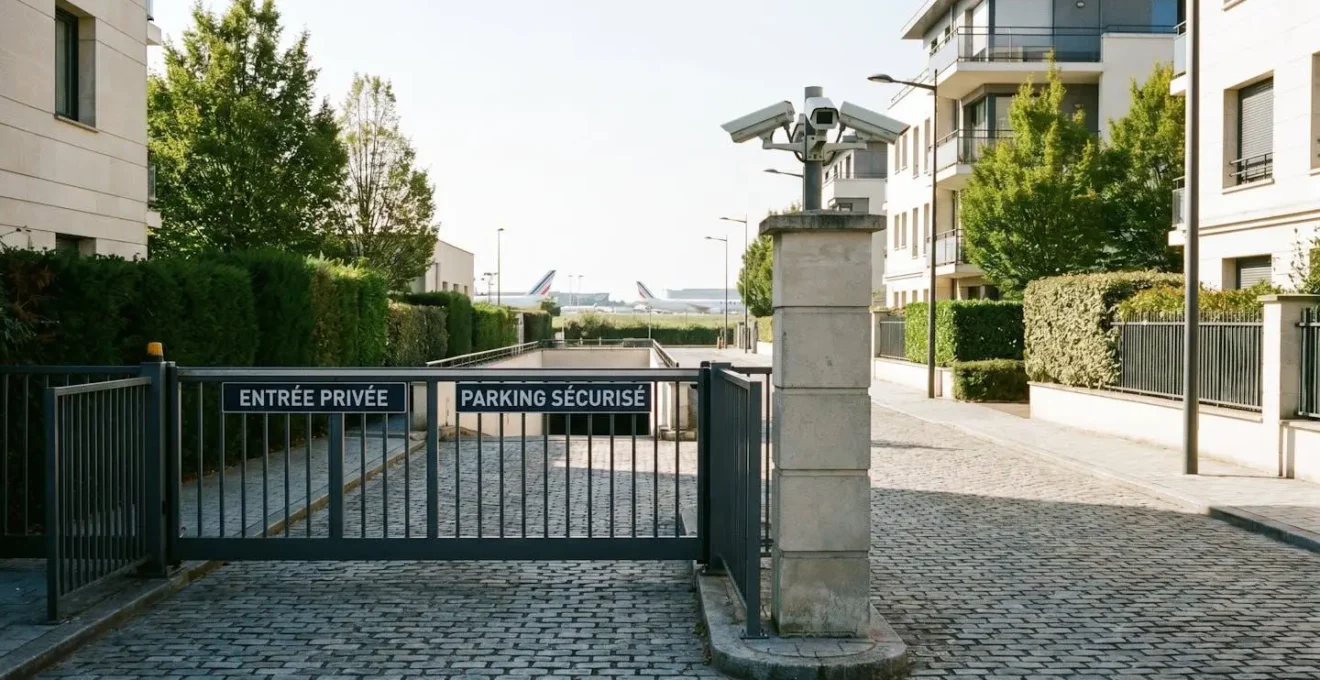 Entrée d'un parking privé sécurisé avec barrière et surveillance pour l'aéroport Roissy CDG