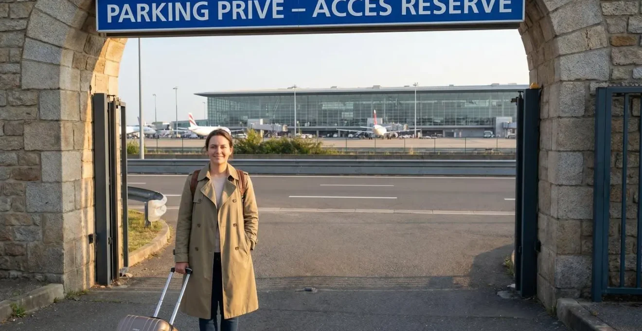 Voyageur avec valise devant un parking privé à proximité de l'aéroport Roissy Charles de Gaulle