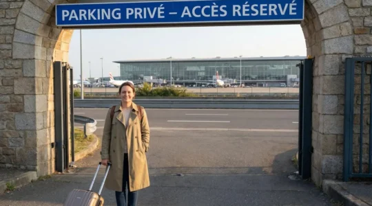 Voyageur avec valise devant un parking privé à proximité de l'aéroport Roissy Charles de Gaulle